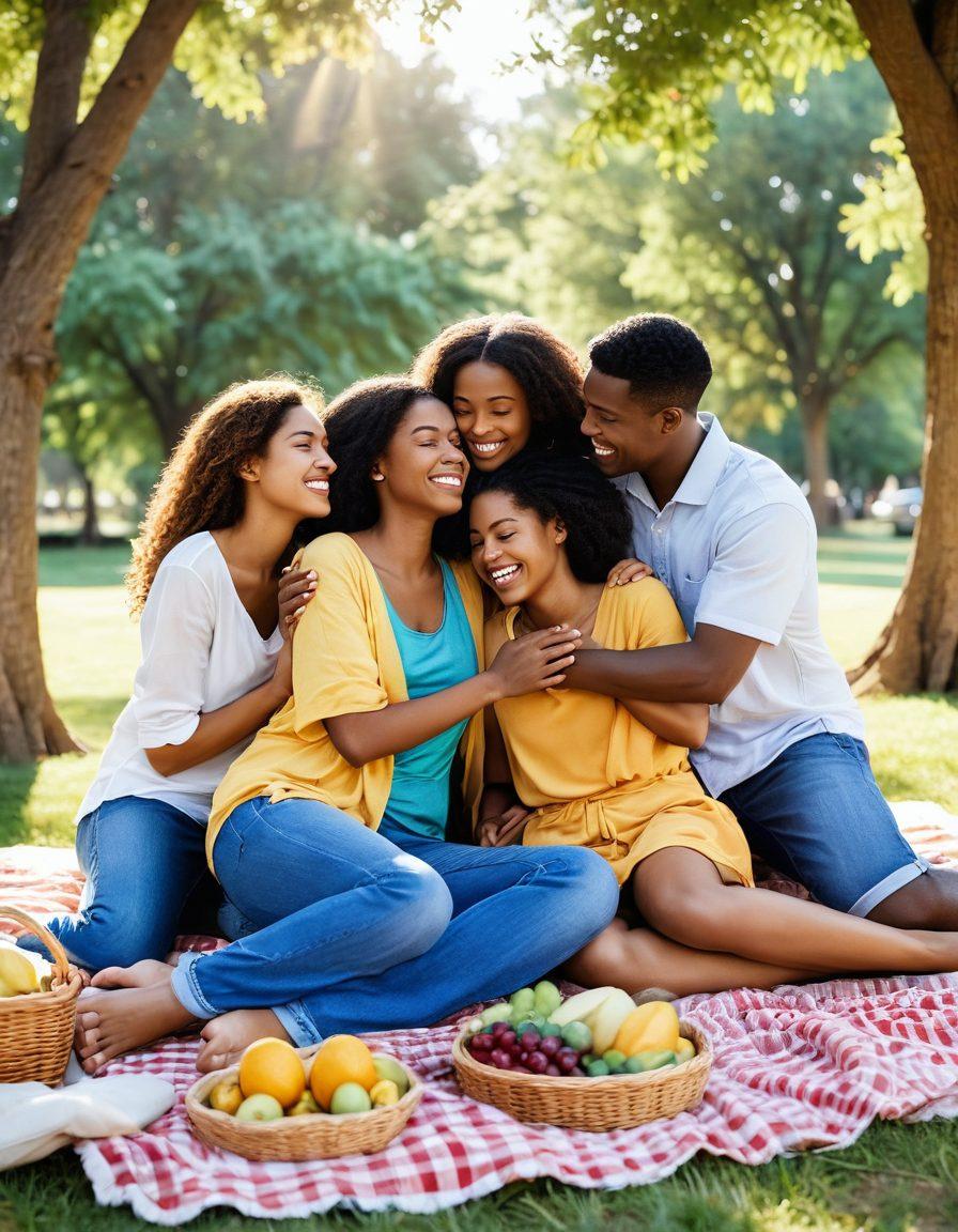 A heartwarming scene depicting diverse individuals sharing intimate moments, such as a group hug, a family enjoying a picnic, and friends laughing together. Soft, warm lighting enhances the atmosphere of affection and connection, with elements like hand-holding and affectionate smiles symbolizing mental well-being. The background features cozy, inviting surroundings like a park or a home. super-realistic. vibrant colors. warm tones.